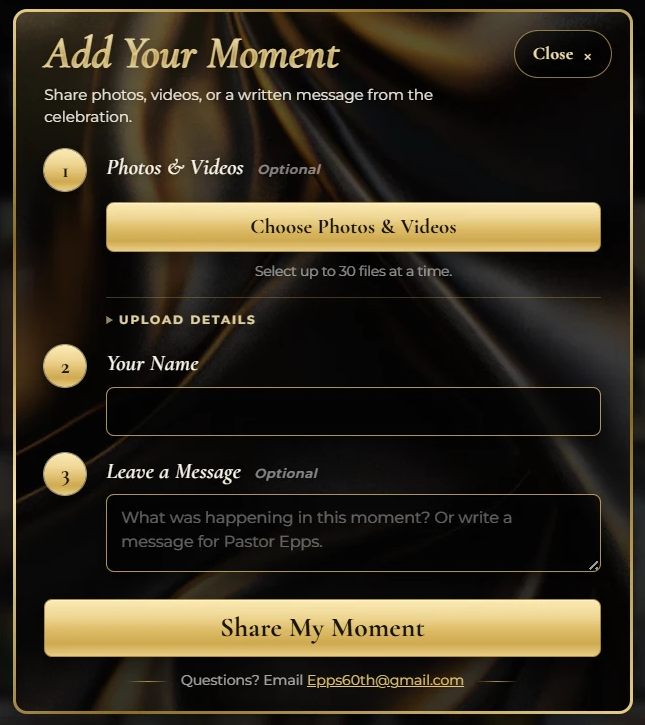 Upload form for photos, videos, and messages