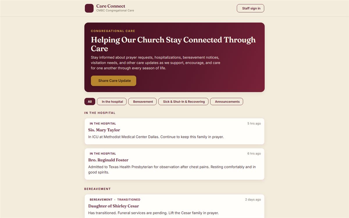 Care Connect showing hospital and bereavement updates