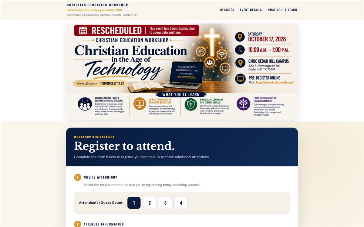 Christian Education Workshop event page with registration form
