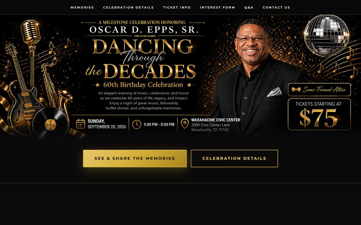 Dancing Through the Decades celebration page with tickets and tables