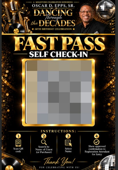 Fast Pass self check-in poster with scan, search, select, and show steps