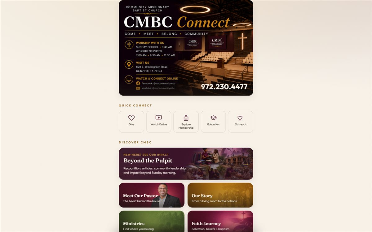 CMBC Connect church app home screen