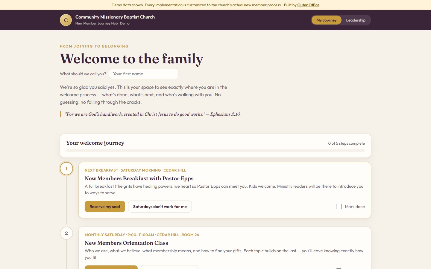 New Member Journey demo showing a new member's welcome steps