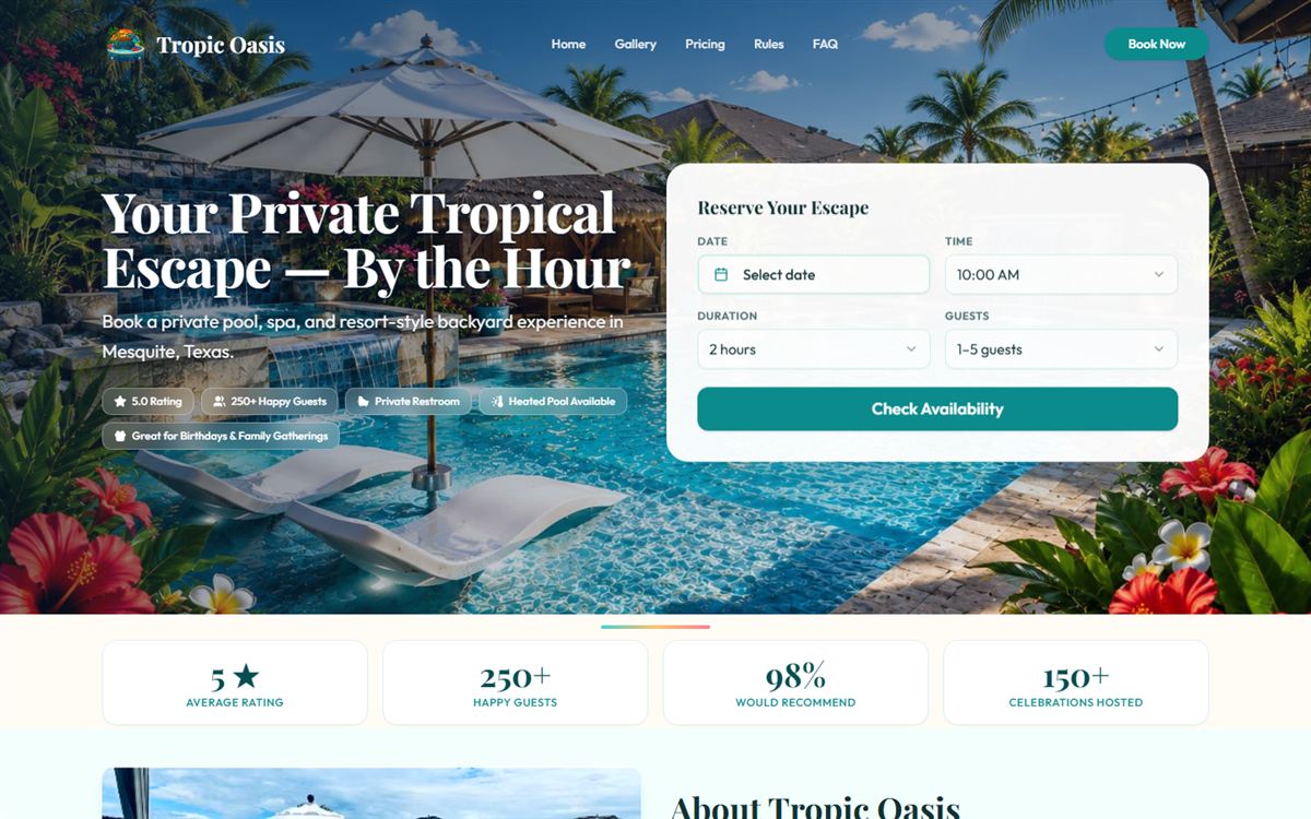 Tropic Oasis website with a booking form over a tropical pool